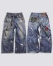 Women's Clothing Printed Flower Trompe L'oeil Vintage Distressed Heavy Low Waist Loose Jeans_ecoleips.com
