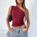 Women's Clothing New Solid Color One Shoulder Backless Pleated Vest Top T Shirt Female_ecoleips.com