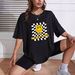 Women's Casual Loose T-Shirt round Neck Short Sleeve Smiley Face Black White Checkered Print Simple Sports Top European American Style_ecoleips.com