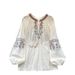 Retro Artistic Fashionable Heavy Duty Embroidered Tie Waist Lantern Sleeve Loose Fit Casual Vacation Blouse For Women New Style Versatile Top_ecoleips.com