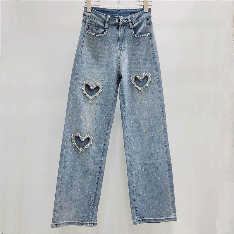 Women Spring And Summer Heart Shaped Hot Diamond New Style Personality Fashionable Wide Leg Straight Leg Floor Length Trousers Jeans_ecoleips.com