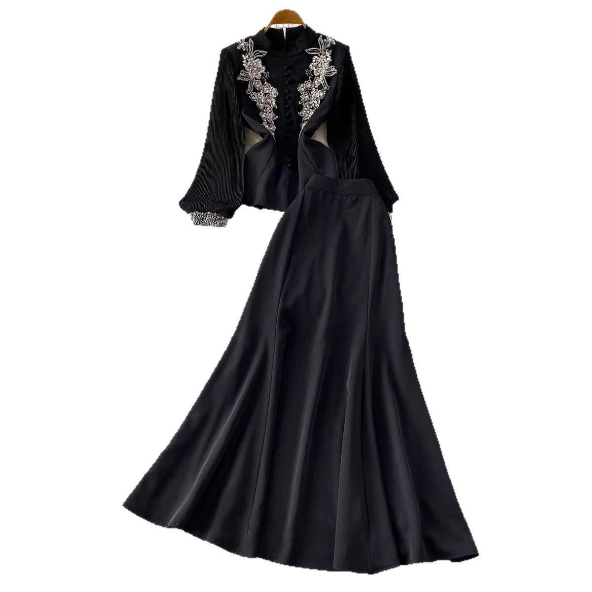 Regal Baroque Blouse & Mermaid Skirt Set – Hand-Embroidered Victorian Elegance | Black | Sizes S-4xl_ecoleips.com