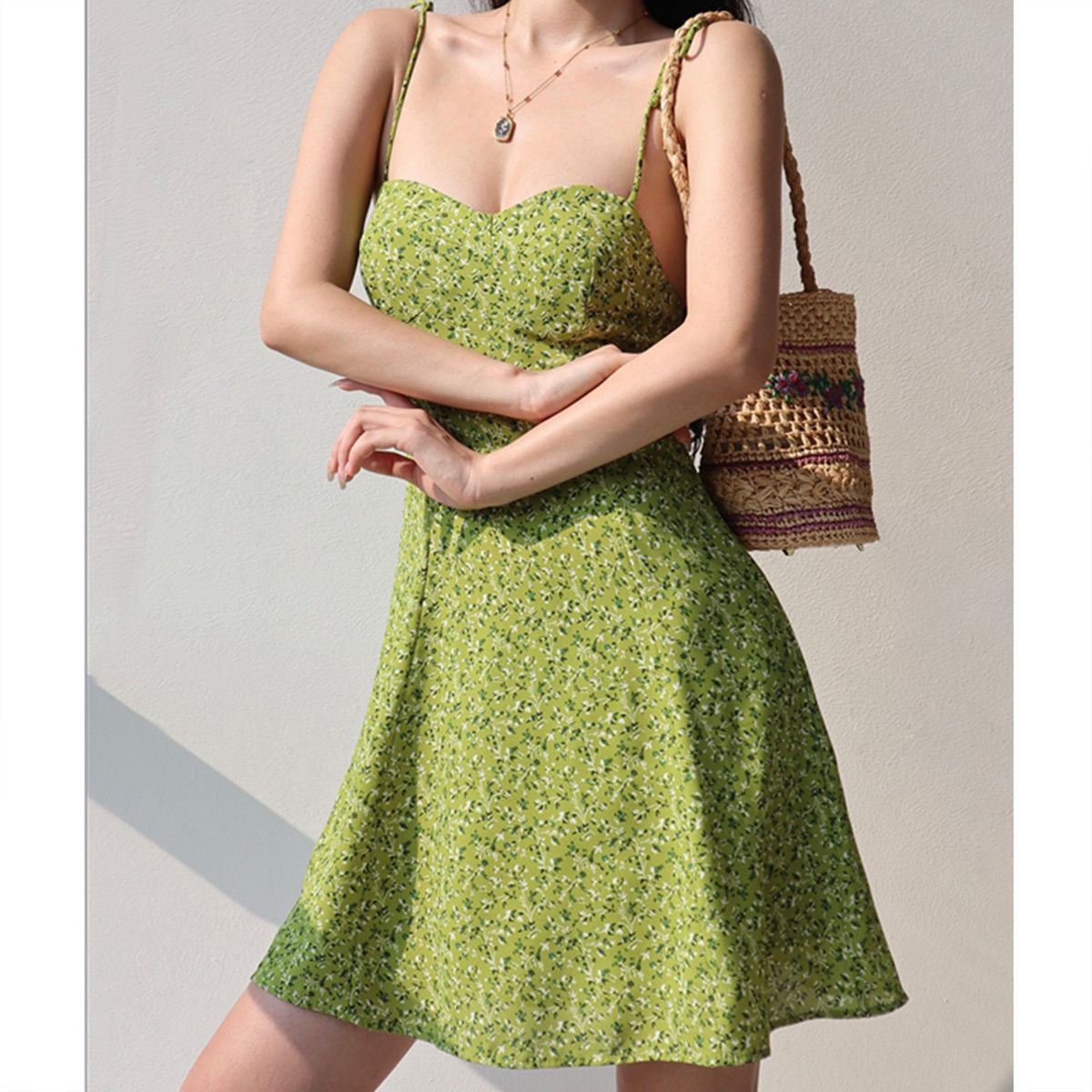 Women's Clothing Girl Shoulder Tie Green Print Suspender Dress Summer Waist Slimming A Line Skirt_ecoleips.com