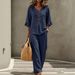 Women's Casual Button V Neck Ruffle Three Quarter Sleeve Top And Trousers Two Piece Summer Set_ecoleips.com