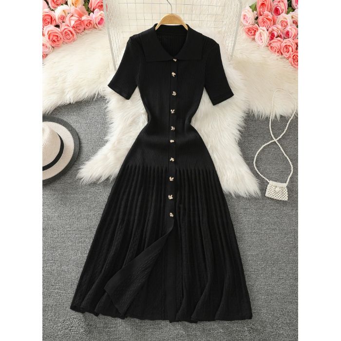 Women's Clothing Women's Peter Pan Collar Knit Dress Spicy Girl Style Mid Length Slit French Socialite Solid Color Summer Clothing_ecoleips.com
