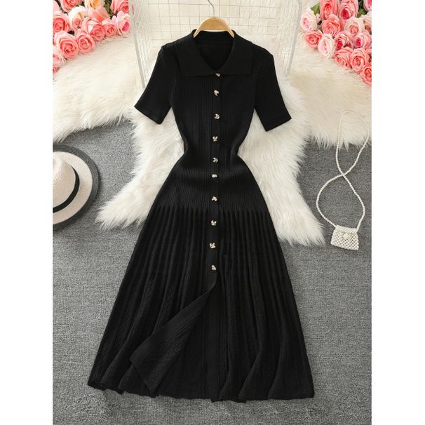 Women's Clothing Women's Peter Pan Collar Knit Dress Spicy Girl Style Mid Length Slit French Socialite Solid Color Summer Clothing_ecoleips.com