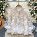 French Romantic Ruffle Blouse Oversized Loose Fit Long Sleeve Top with Floral Lace Trim Spring Shirt in Pink Blue White Beige Black One Size_ecoleips.com