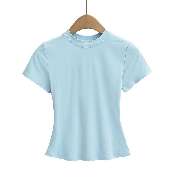 Women's Clothing Basic Round Neck Short Sleeve Elastic Slim Shoulder T Shirt Women's Elastic Tight Short Sleeve Top_ecoleips.com