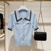 Women's Blue Collared Short Sleeved T-Shirt Color Block Knitwear Spring Summer Fashion Top_ecoleips.com