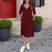 Women's Summer V Neck Long Sleeve Dress Loose Fitting Simple Design With Slit Hem_ecoleips.com