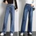 High Waist Stretch Denim Pants For Women - Relaxed Fit Straight Leg Cropped Jeans With Vintage Wash (Light Blue/Dark Blue)_ecoleips.com