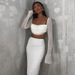 Knitted Beaded Square Neck Long Sleeve And Short Set Spring Women's Fashion Sexy Crop Top Skirt_ecoleips.com