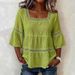Women's Clothing Women's Casual Square Neck Top Solid Color Cotton Linen Blend Lace Trim Three Quarter Sleeve Summer Fashion For Adults_ecoleips.com