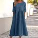 Spring/Summer Round-Neck Dress With 5/8-Length Sleeves, Large Size; Casual, Loose-Fitting Design; Made Of Pure Cotton In_ecoleips.com