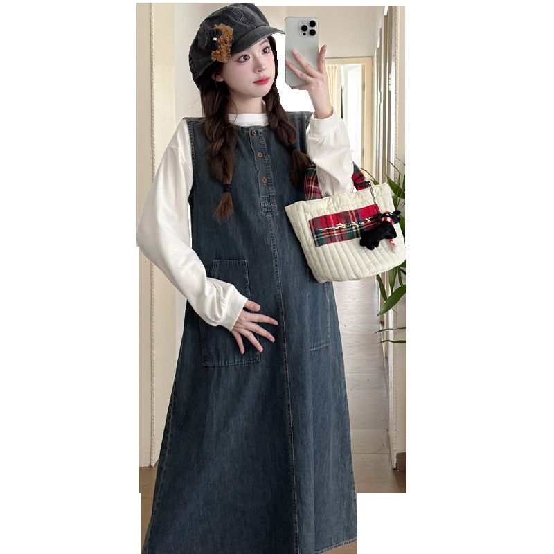 Autumn Winter New Korean Fashion 2-Piece Denim Maternity Dress For Pregnant Women_ecoleips.com