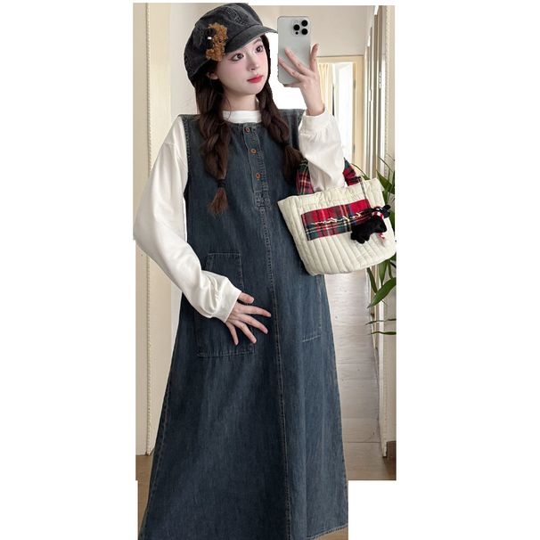 Autumn Winter New Korean Fashion 2-Piece Denim Maternity Dress For Pregnant Women_ecoleips.com