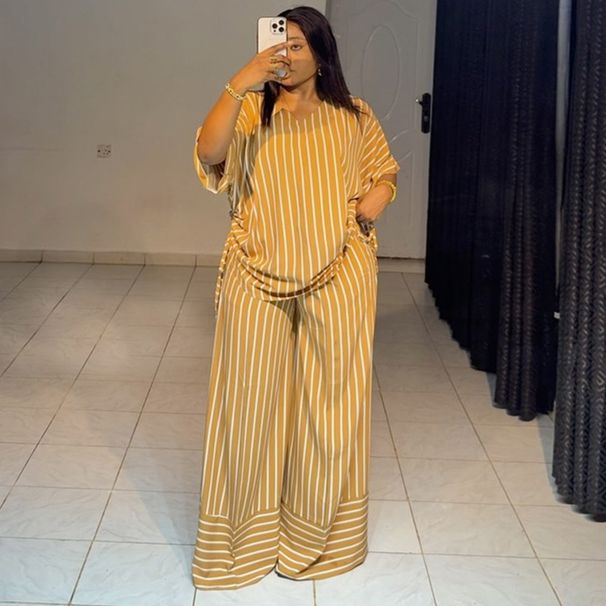 European And American Cross Border Women's Clothing 2025 Summer New Casual Loose V Neck Striped Short Sleeved Top Wide Leg Trousers Suit_ecoleips.com