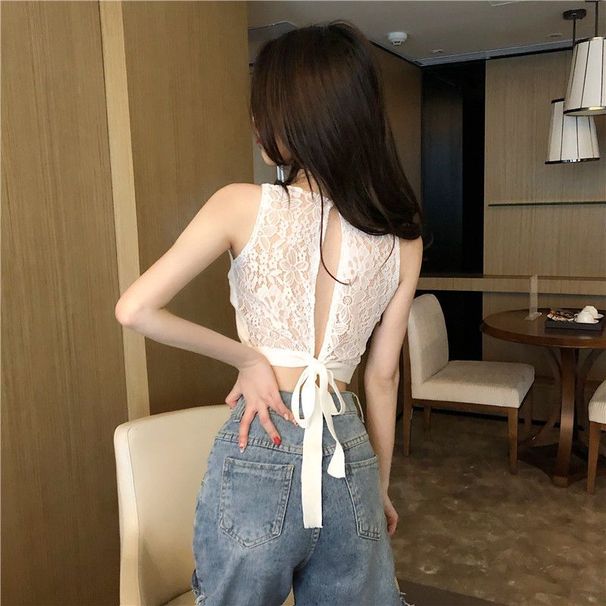 Sexy Lace Delicate Hollow-out Backless Tie-up Top, New Versatile Knitted Camisole Short Top For Women_ecoleips.com