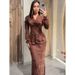 Vintage-Inspired Long Sleeve Dress - Elegant V-Neck Floral Print Midi Dress With Button Detail (Dark Brown, S-XXL)_ecoleips.com
