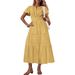 Women's Clothing Spring And Summer New Fashion V Neck Pleated Puff Sleeve Layered Swing Dress_ecoleips.com