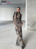 Weird Puss Mesh Print Women Maxi Dress Turtleneck Full Sleeve Bodycon Autumn Trendy Hipsters High Street Party Y2K Attirewear_ecoleips.com