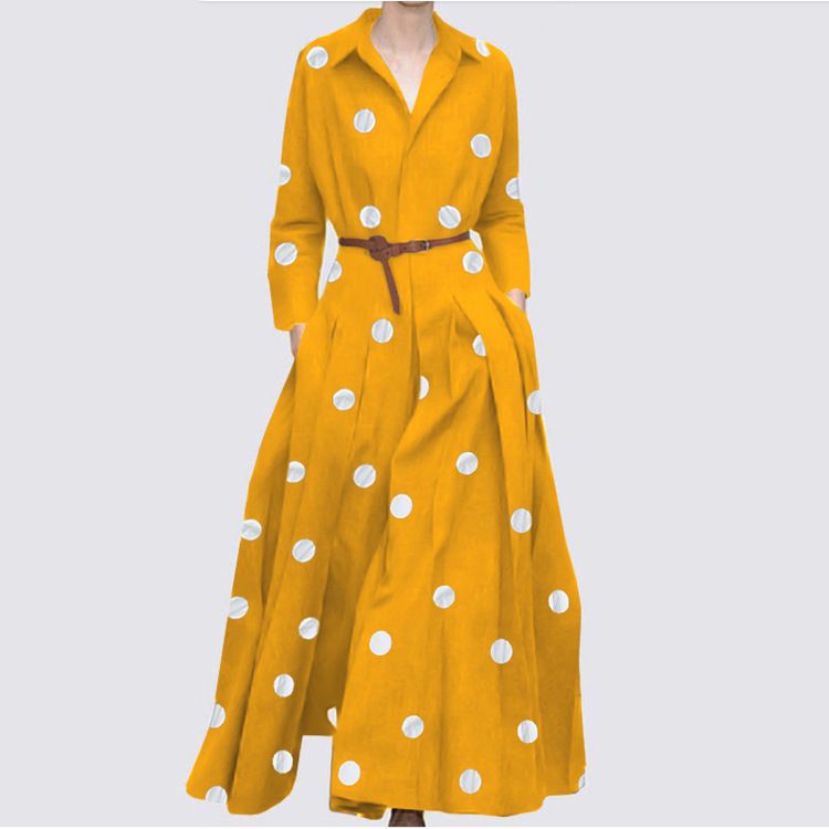 Women's Clothing Autumn Lapel Long Sleeve Ladies Elegant Polka Dot Fashion Beltless Dress Casual Holiday Dress_ecoleips.com