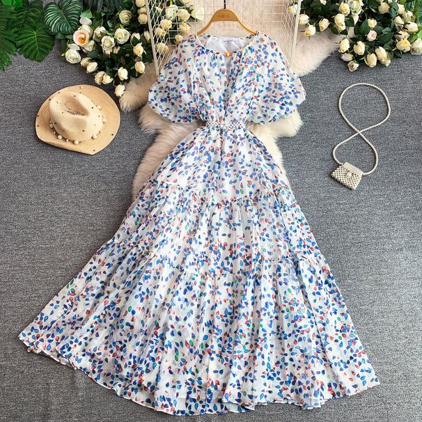 Women's French Style Floral Print Dress Elegant Romantic round Neck Lantern Sleeve Flowy Chiffon Maxi Summer Dress_ecoleips.com