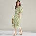 25 Summer French V-neck Fresh Green Printed Lantern Sleeve Waist-cinching Split Vacation Style Long Dress 15695_ecoleips.com