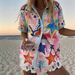 Women's Floral Print Short Sleeve Shirt And Shorts Set, Vacation Style Linen-Blend Outfit For Summer_ecoleips.com
