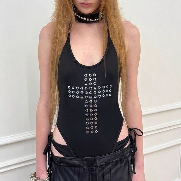 Women's Sexy Slim Fit Metal Eyelet Cross Punk Style Suspender Bodysuit Summer Top Jumpsuits Rompers_ecoleips.com