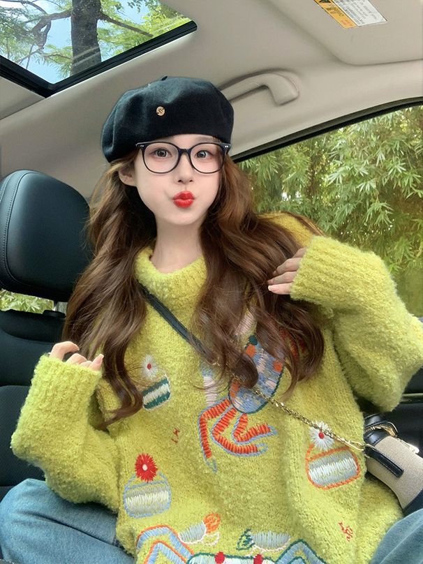 girl Green Heavy Embroidery For Women 2024 New Autumn Winter Thickened Lazy High-end Loose Retro Knitted Sweater_ecoleips.com