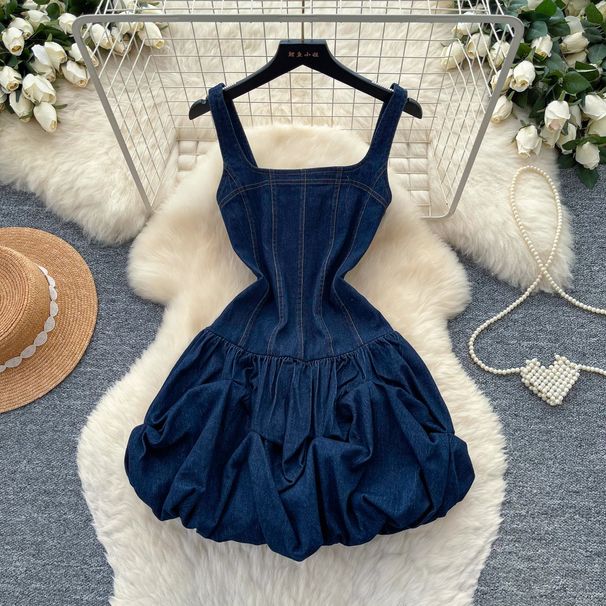 Summer Denim Suspender Dress for Women Korean Style Tulip Pattern Slimming Waist Cinching Elegant A-Line Skirt Hot Girl Niche Design_ecoleips.com