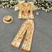 Women's Clothing Retro Fashionable Positioning Printing Strap Waist Lapel Long Sleeved Top Women's High Waist Wide Leg Straight Pants Suit_ecoleips.com