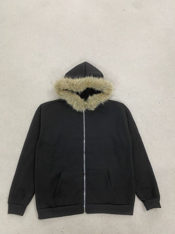 Black Zippered Plush Hooded Sweatshirt Printed High Street Boyfriend Style Loose Fit Warm Coat for Women 2024 New Export_ecoleips.com