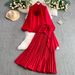 Women's Clothing French Style Three Dimensional Flower Stand Up Collar Bubble Long Sleeved Shirt High Waisted Slim Fitting Pleated Skirt Two Piece Set_ecoleips.com
