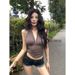 Spicy Girl Halter Neck Black Camisole For Women, Summer Low V-Neck Sleeveless Backless Inner Wear Mesh Short Top_ecoleips.com