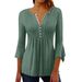 Women's Clothing New Solid Color Hollow V Neck Button Flared Three Quarter Sleeve Top_ecoleips.com