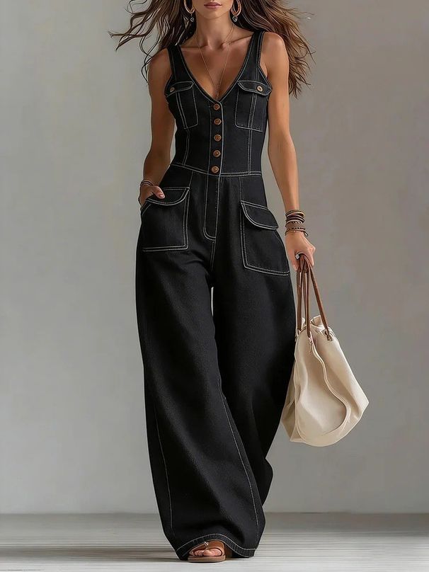 Women's Clothing Women's Denim Jumpsuit Sleeveless Wide Leg Overalls Relaxed Fit Strap Adjustable_ecoleips.com