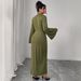 Women's Clothing Plus Size Clothes "Elegant High Waist Bell Sleeve Dress Solid Color Slit Maxi Dress With Pleated Skirt"_ecoleips.com