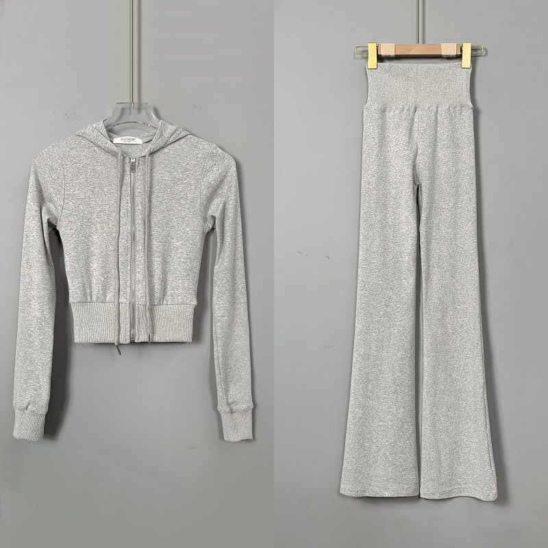 Korean Dongdaemun Slim Fit Sporty Hooded Zipper Short Jacket + High-Waisted Casual Pants Two-Piece Set For Women_ecoleips.com