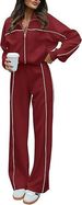 Women's Sportswear Set High Neck Long Sleeve Zip Up Sweatshirt Striped Trousers 2 Piece Casual Outfit European American Style For Autumn Winter_ecoleips.com