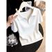 Women's Trendy White Polo Collar Half Zip Knit Top Short Sleeved Slim Fit Summer Design_ecoleips.com