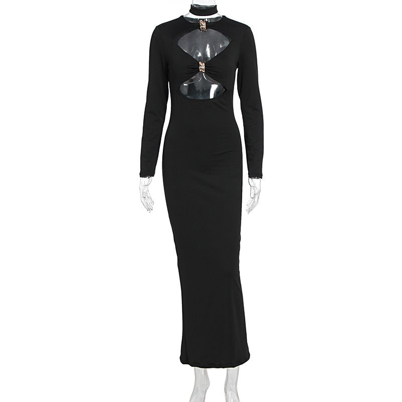Women's Hollow Out French Style Long Dress Elegant Slim Fit Pure Desire Temperament Female Fashion Dress_ecoleips.com