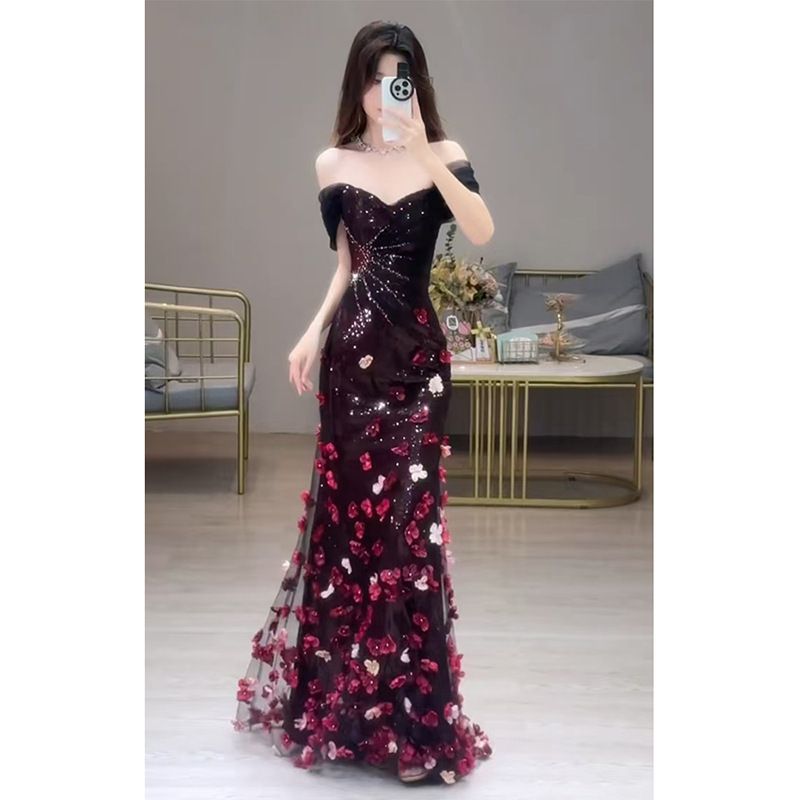 Off The Shoulder Bridal Toast Dress Floral Sequined Ethereal Beauty Mermaid Evening Gown For Engagement Party Hostess Style_ecoleips.com