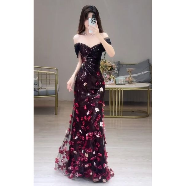 Off The Shoulder Bridal Toast Dress Floral Sequined Ethereal Beauty Mermaid Evening Gown For Engagement Party Hostess Style_ecoleips.com