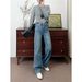 Women's Fleece-lined Wide-leg Jeans, Thickened Winter, Korean Style, High-waisted, Casual, Vintage Retro Blue, In Stock_ecoleips.com