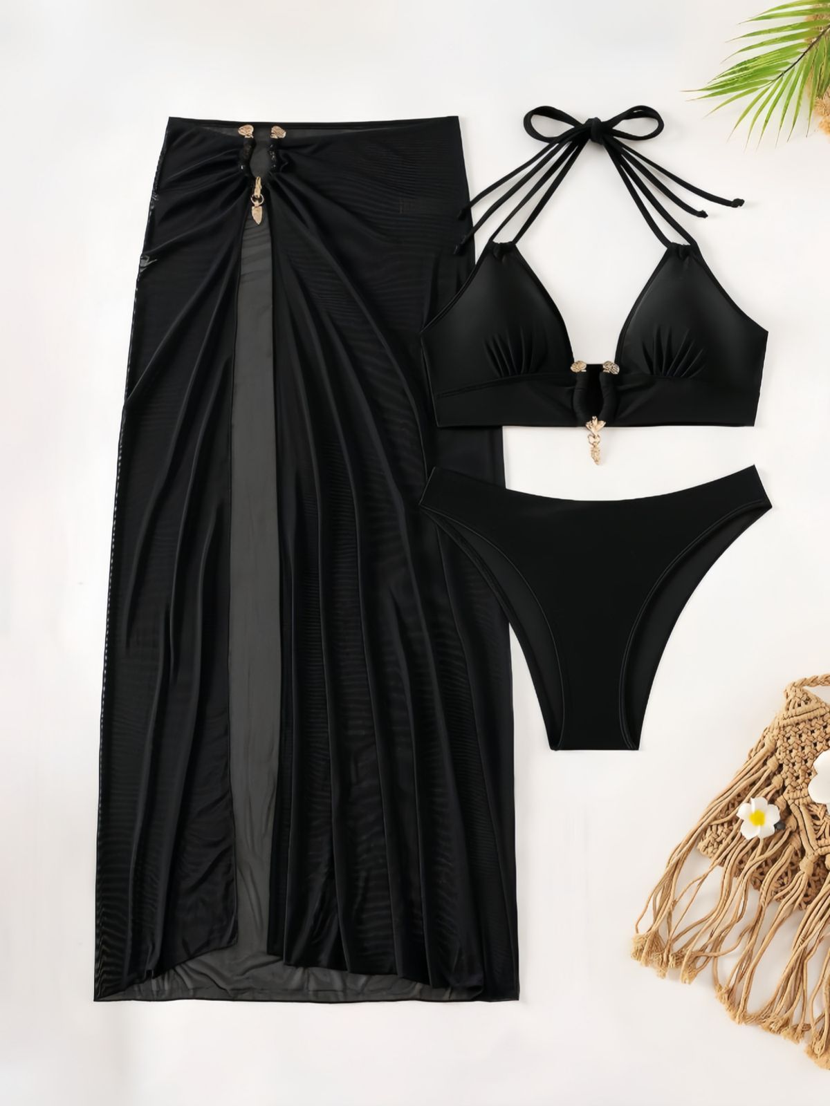 Women's European American Style Three Piece Swimsuit Sexy Bikini Skirt Halter Neck Two Piece Swimwear For Beach Vacation_ecoleips.com