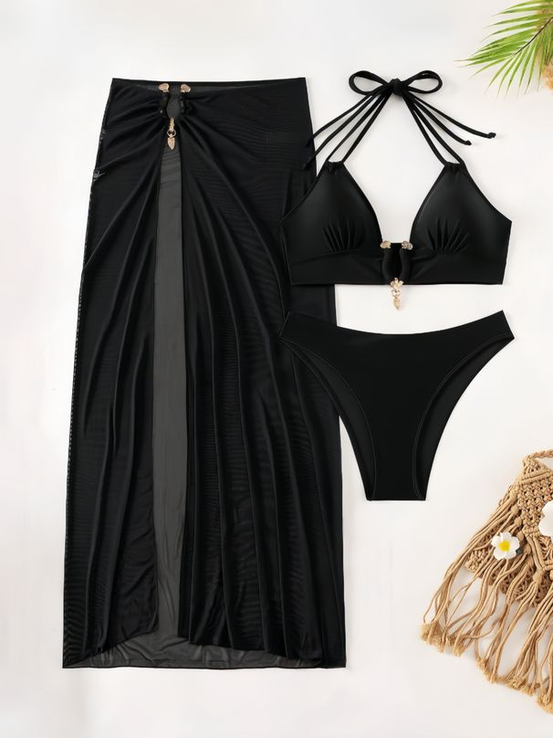Women's European American Style Three Piece Swimsuit Sexy Bikini Skirt Halter Neck Two Piece Swimwear For Beach Vacation_ecoleips.com