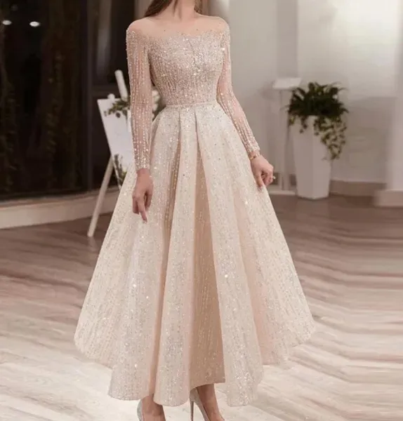 Beige Midi Evening Dress For Women Party Long Sleeve Illusion Neck Ankle Length Arabic Bridal Formal Gowns_ecoleips.com