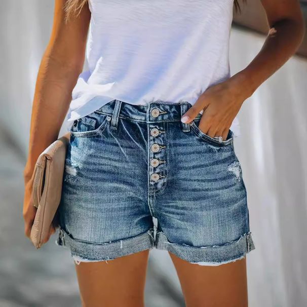 Popular High-waisted Rolled Hem Denim Shorts_ecoleips.com